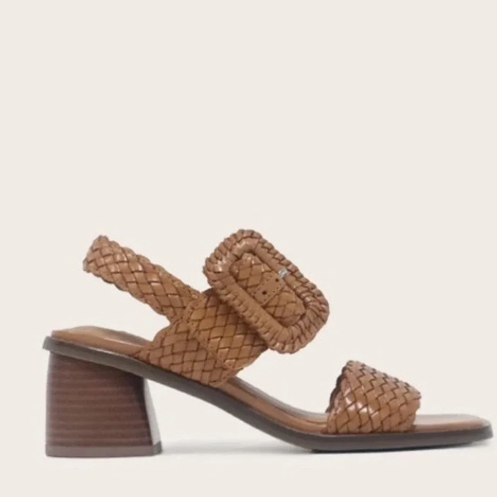 Gentle Souls Madylyn woven Leather Block Heel Sandals Cognac Brown Size 9